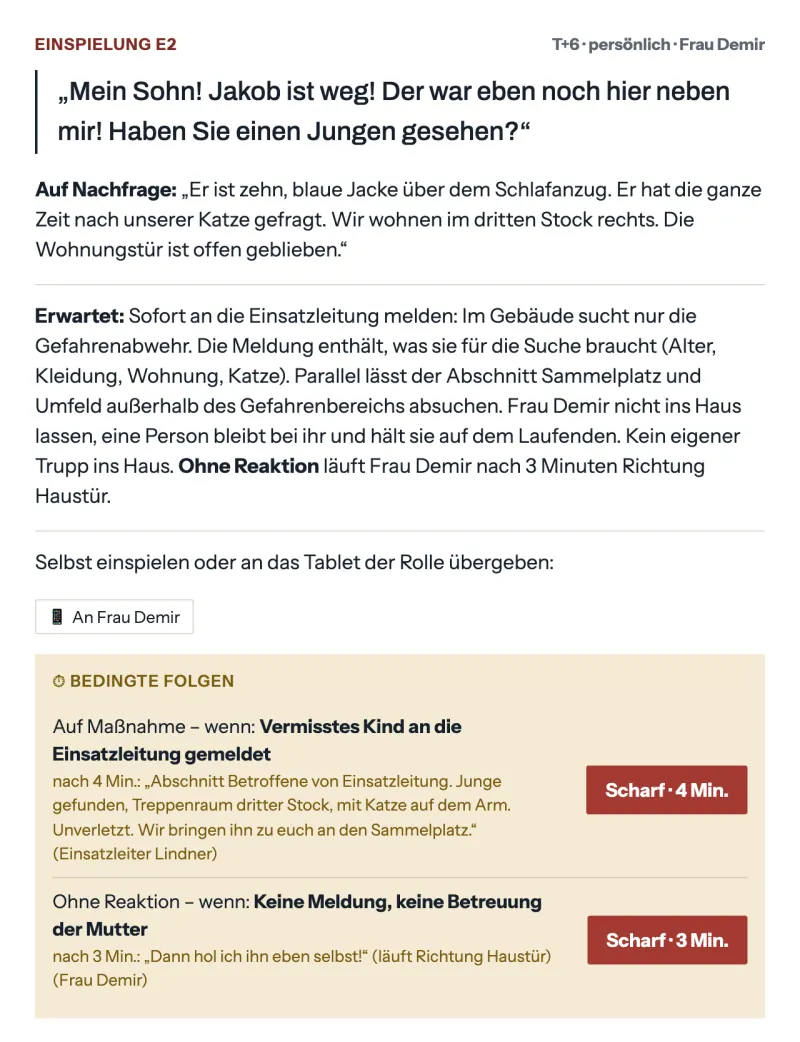 Einspielkarte mit bedingter Folge und der Möglichkeit, die Einspielung an das Tablet einer Rolle zu übergeben