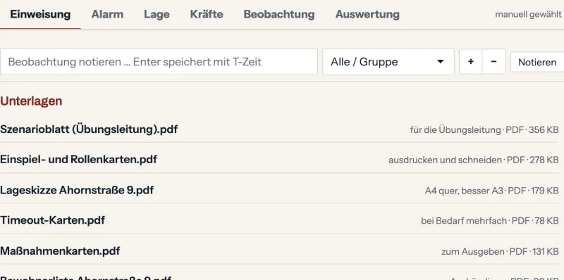 Liste der Unterlagen eines Szenarios: Szenarioblatt, Einspiel- und Rollenkarten, Lageskizze, Timeout- und Maßnahmenkarten, Handouts