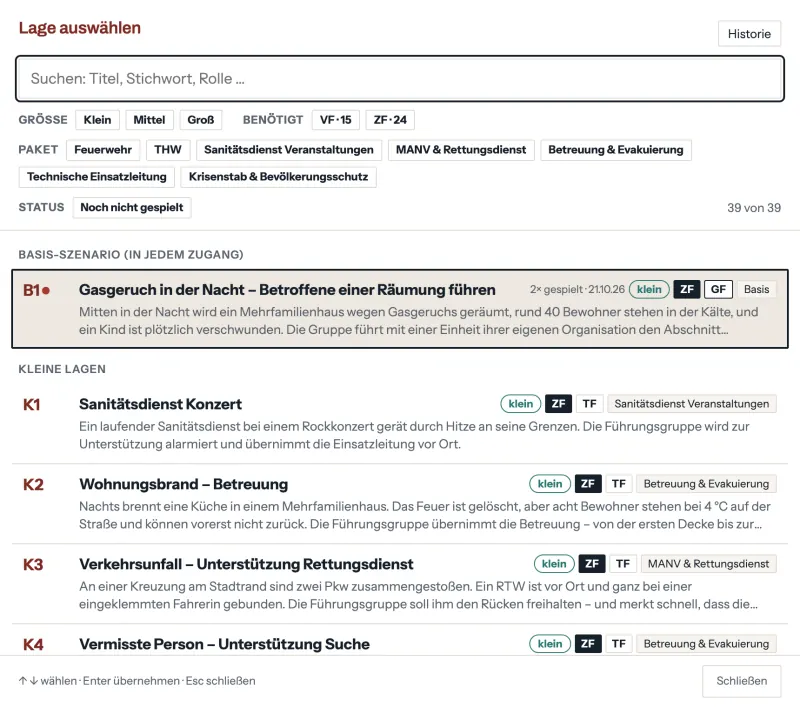 Auswahl der Lage mit Suche, Filtern nach Führungsebene und Zielgruppe, und der Zahl, wie oft eine Lage schon gespielt wurde